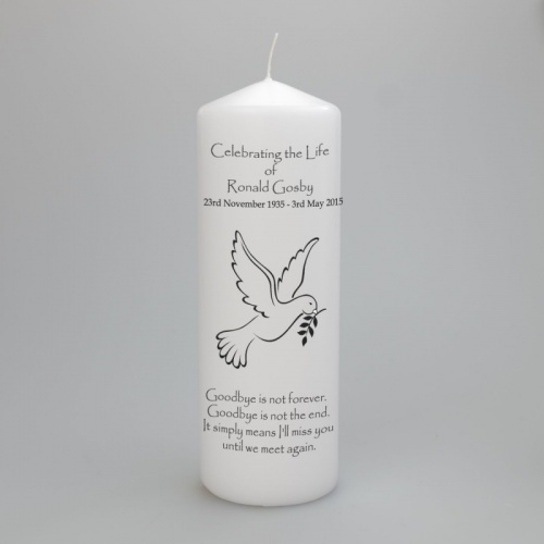 Celebration of life personalised memorial candle Dove two sizes